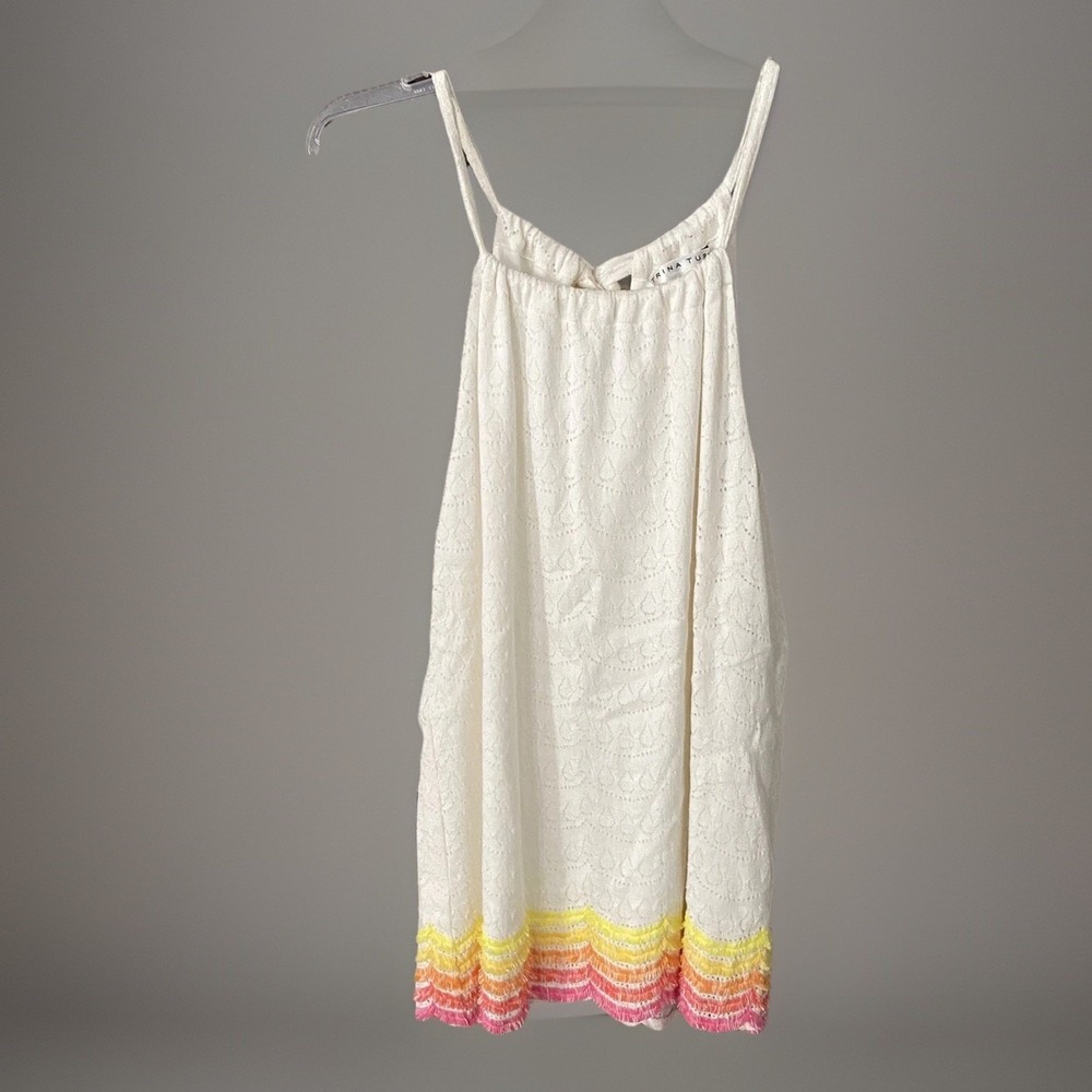 TRINA TURK L Sleeveless Blouse Tank Top Shirt White Pink Yellow Eyelet Lace